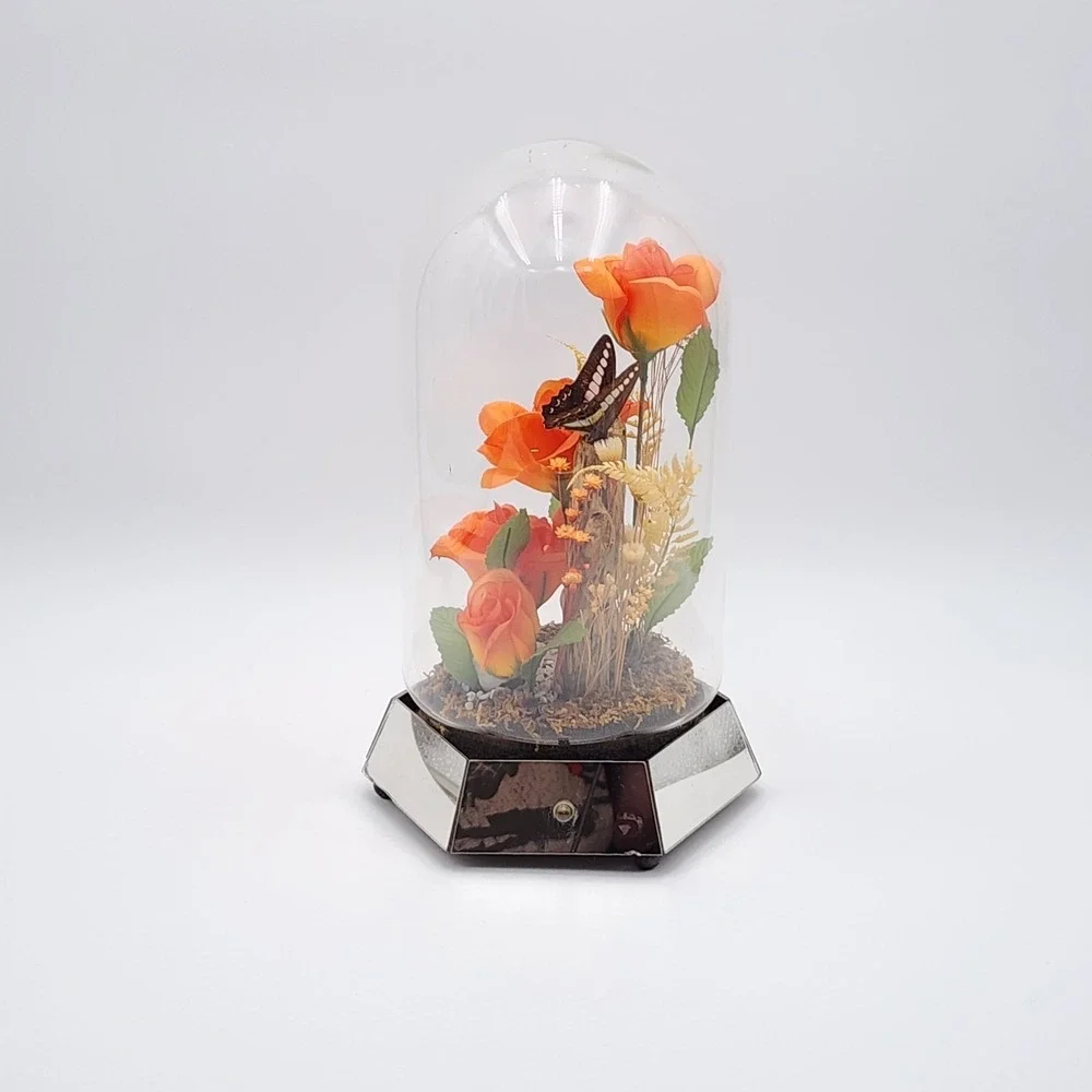 Vintage Glass Dome Floral Cloche with Butterfly Dried & Orange‎ Faux Flowers